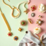 Das Bild zeigt eine elegante Flat-Lay-Komposition mit den wichtigsten Accessoire-Trends 2026: Chunky-Goldketten, moderne Perlenschmuckstücke in verschiedenen Farben, skulpturale Arm Cuffs, Statement-Ringe und Haaraccessoires – perfekt arrangiert auf pastellfarbigem Hintergrund in den Trendfarben Muted Mint und Peony Pink.