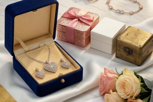 Das generierte Bild zeigt eine luxuriöse Geschenk-Szene auf weißem Marmortisch: Im Zentrum eine geöffnete elegante Schmuck Geschenkbox aus Samt in Dunkelblau mit goldenen Details, in der eine funkelnde Halskette mit Herzanhänger und passende Ohrringe auf weißem Satin liegen. Daneben mehrere Schmuck Geschenksets in verschiedenen Größen – eine Roségold-Box mit Schleife, eine moderne minimalistische weiße Box und eine vintage-inspirierte Schatulle. Im Vordergrund liegen dekorativ arrangiert: Geschenkbänder in Gold und Rosa, eine kleine Karte mit "For You" Aufschrift, frische Rosen in Pastelltönen und ein personalisierter Anhänger mit Gravur. Im Hintergrund sanft unscharf weitere Schmuckstücke – Perlenohrringe, Stapelringe und ein Armband. Die warme, natürliche Beleuchtung mit goldenem Schimmer erzeugt eine festliche, emotionale Atmosphäre – perfekt für einen Artikel über Schmuckgeschenke.