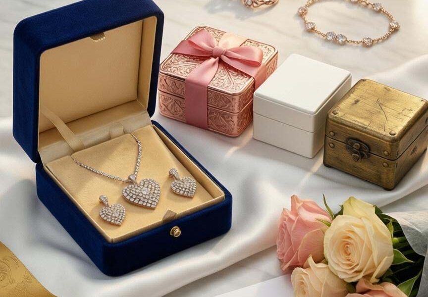 Das generierte Bild zeigt eine luxuriöse Geschenk-Szene auf weißem Marmortisch: Im Zentrum eine geöffnete elegante Schmuck Geschenkbox aus Samt in Dunkelblau mit goldenen Details, in der eine funkelnde Halskette mit Herzanhänger und passende Ohrringe auf weißem Satin liegen. Daneben mehrere Schmuck Geschenksets in verschiedenen Größen – eine Roségold-Box mit Schleife, eine moderne minimalistische weiße Box und eine vintage-inspirierte Schatulle. Im Vordergrund liegen dekorativ arrangiert: Geschenkbänder in Gold und Rosa, eine kleine Karte mit "For You" Aufschrift, frische Rosen in Pastelltönen und ein personalisierter Anhänger mit Gravur. Im Hintergrund sanft unscharf weitere Schmuckstücke – Perlenohrringe, Stapelringe und ein Armband. Die warme, natürliche Beleuchtung mit goldenem Schimmer erzeugt eine festliche, emotionale Atmosphäre – perfekt für einen Artikel über Schmuckgeschenke.