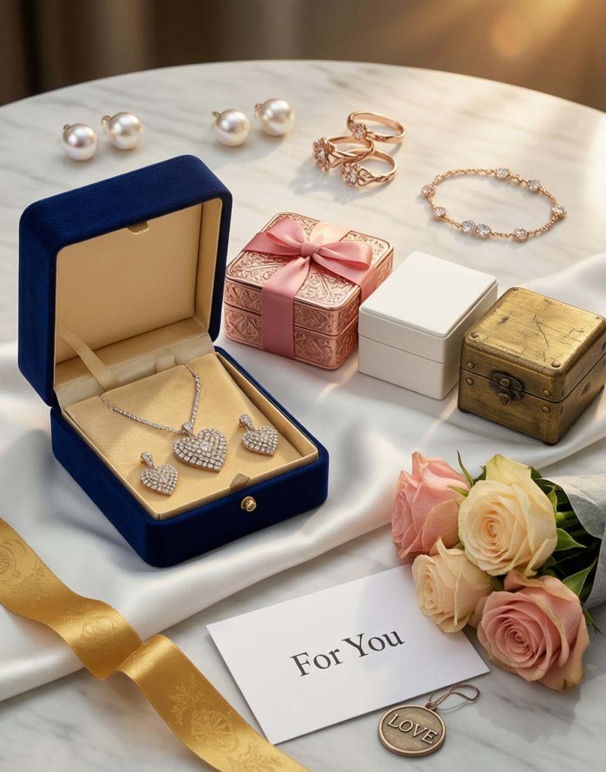 Das generierte Bild zeigt eine luxuriöse Geschenk-Szene auf weißem Marmortisch: Im Zentrum eine geöffnete elegante Schmuck Geschenkbox aus Samt in Dunkelblau mit goldenen Details, in der eine funkelnde Halskette mit Herzanhänger und passende Ohrringe auf weißem Satin liegen. Daneben mehrere Schmuck Geschenksets in verschiedenen Größen – eine Roségold-Box mit Schleife, eine moderne minimalistische weiße Box und eine vintage-inspirierte Schatulle. Im Vordergrund liegen dekorativ arrangiert: Geschenkbänder in Gold und Rosa, eine kleine Karte mit "For You" Aufschrift, frische Rosen in Pastelltönen und ein personalisierter Anhänger mit Gravur. Im Hintergrund sanft unscharf weitere Schmuckstücke – Perlenohrringe, Stapelringe und ein Armband. Die warme, natürliche Beleuchtung mit goldenem Schimmer erzeugt eine festliche, emotionale Atmosphäre – perfekt für einen Artikel über Schmuckgeschenke.