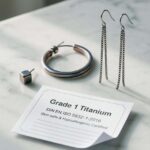 Das Bild zeigt eine elegante Produktpräsentation verschiedener Titanohrringe auf weißem Marmor: Minimalistische Ohrstecker, moderne Creolen und hängende Designs in natürlichem Silbergrau sowie anodisierten Roségold- und Blautönen. Im Vordergrund liegt ein medizinisches Zertifikat mit "Grade 1 Titanium" Aufschrift. Die Komposition vermittelt Reinheit, Qualität und Hautverträglichkeit .