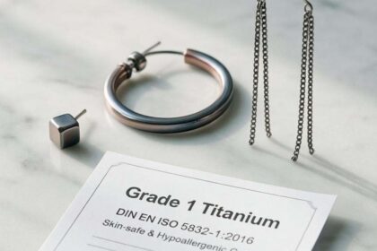 Das Bild zeigt eine elegante Produktpräsentation verschiedener Titanohrringe auf weißem Marmor: Minimalistische Ohrstecker, moderne Creolen und hängende Designs in natürlichem Silbergrau sowie anodisierten Roségold- und Blautönen. Im Vordergrund liegt ein medizinisches Zertifikat mit "Grade 1 Titanium" Aufschrift. Die Komposition vermittelt Reinheit, Qualität und Hautverträglichkeit .