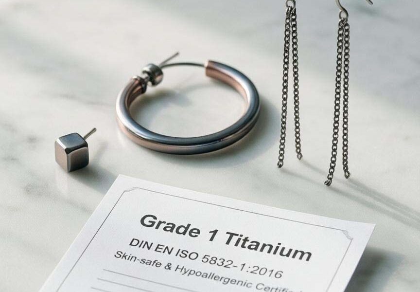 Das Bild zeigt eine elegante Produktpräsentation verschiedener Titanohrringe auf weißem Marmor: Minimalistische Ohrstecker, moderne Creolen und hängende Designs in natürlichem Silbergrau sowie anodisierten Roségold- und Blautönen. Im Vordergrund liegt ein medizinisches Zertifikat mit "Grade 1 Titanium" Aufschrift. Die Komposition vermittelt Reinheit, Qualität und Hautverträglichkeit .