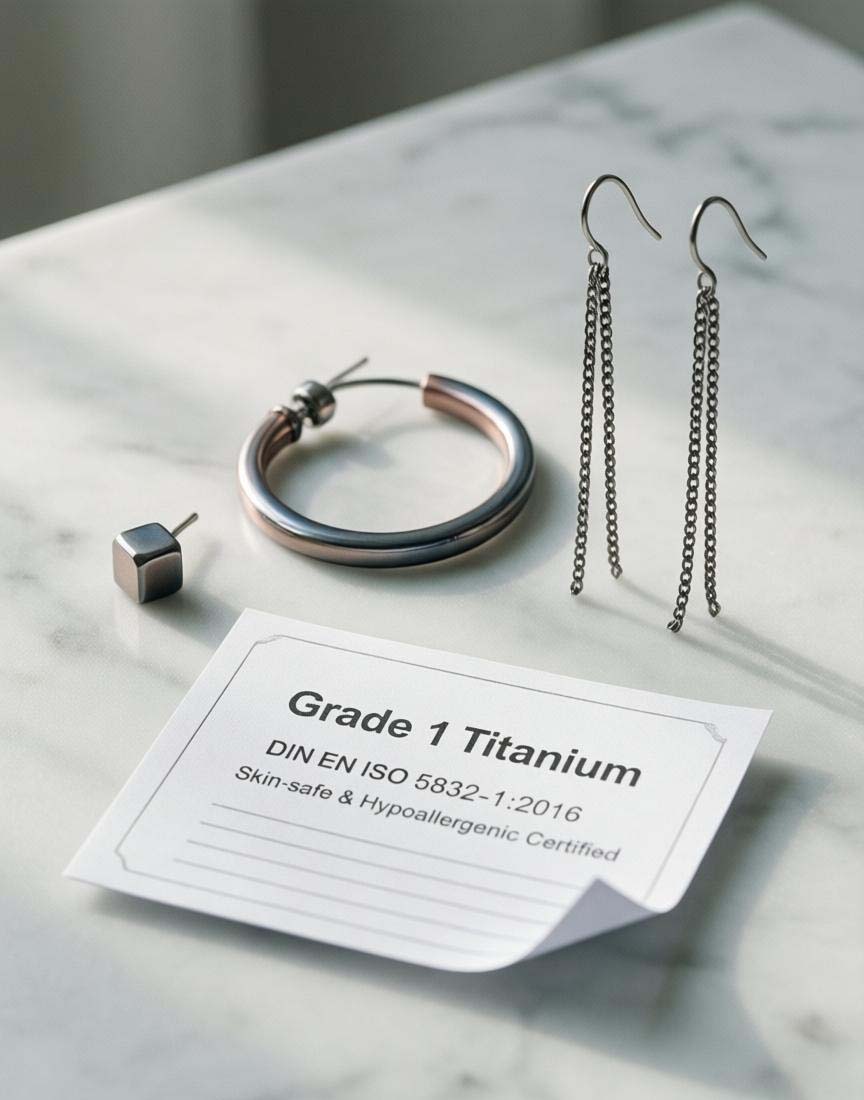 Das Bild zeigt eine elegante Produktpräsentation verschiedener Titanohrringe auf weißem Marmor: Minimalistische Ohrstecker, moderne Creolen und hängende Designs in natürlichem Silbergrau sowie anodisierten Roségold- und Blautönen. Im Vordergrund liegt ein medizinisches Zertifikat mit "Grade 1 Titanium" Aufschrift. Die Komposition vermittelt Reinheit, Qualität und Hautverträglichkeit .