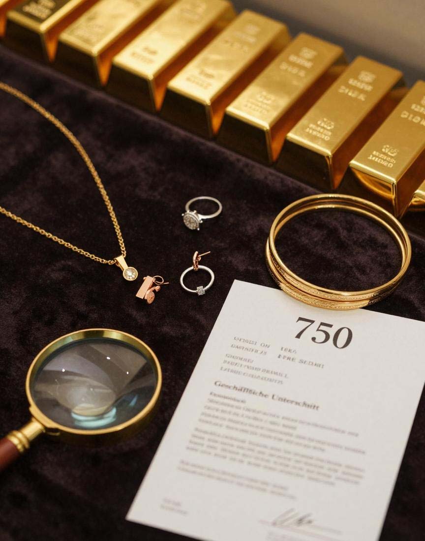 Das Bild zeigt eine luxuriöse Produktpräsentation verschiedener Goldschmuckstücke auf dunklem Samt: Eine elegante 18-Karat-Gelbgoldkette, Roségold-Ohrringe, ein Weißgold-Ring mit Diamant und gestapelte Goldarmbänder in verschiedenen Karatierungen. Im Vordergrund liegt eine Juwelierlupe neben einem Echtheitszertifikat mit sichtbarer "750"-Punzierung. Goldbarren im Hintergrund symbolisieren die Wertanlage. Die warme, professionelle Beleuchtung betont den Glanz und die Qualität des Goldes – perfekt für einen Kaufratgeber.