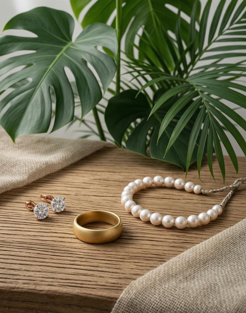 Ein elegantes Flatlay-Foto mit verschiedenen nachhaltigen Schmuckstücken auf einem natürlichen Holzhintergrund. Zu sehen sind recycelte Goldringe, ethisch gewonnene Perlenketten und lab-grown Diamantohrringe, umgeben von grünen Pflanzen und nachhaltigen Verpackungsmaterialien.